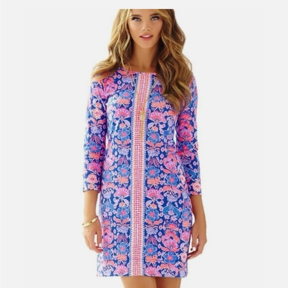Lilly Pulitzer Dresses & Skirts - Lilly Pulitzer Pink Blue Floral Shift Dress Size Small 3/4 Sleeve Beach Resort